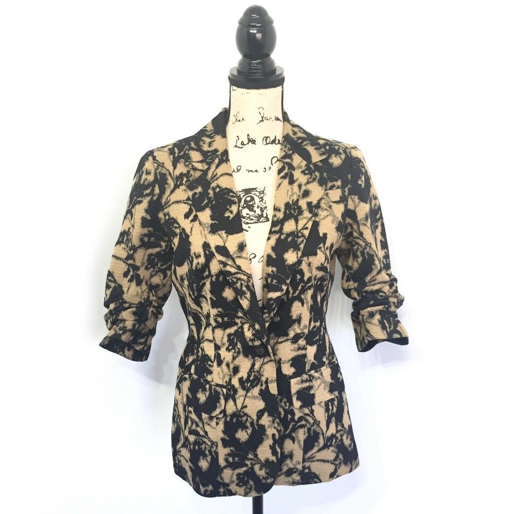 Coldwater Creek Blazer XS Brown Black 1 Button 3/4 Ruched Sleeves Floral Jacket